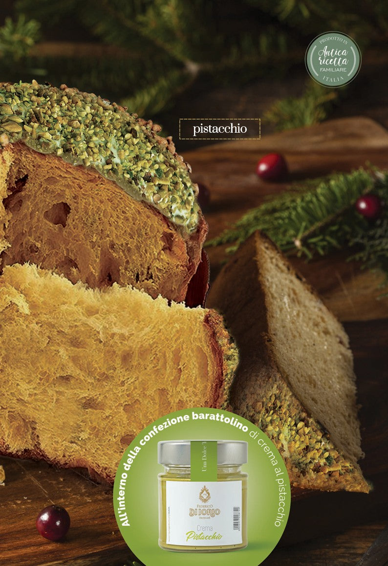 PANETTONE ARTIGIANALE AL PISTACCHIO CON GOCCE DI CIOCCOLATO BIANCO 1 KG PIU' CREMA VASETTO