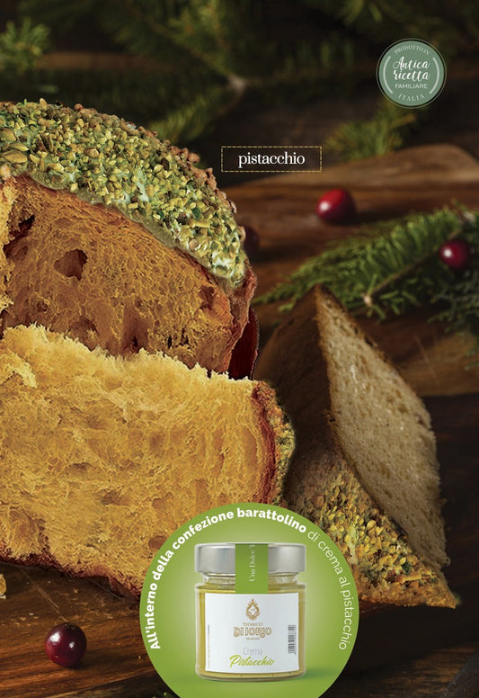 PANETTONE ARTIGIANALE AL PISTACCHIO CON GOCCE DI CIOCCOLATO BIANCO 1 KG PIU' CREMA VASETTO