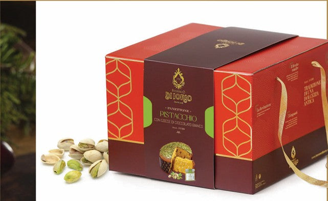 PANETTONE ARTIGIANALE AL PISTACCHIO CON GOCCE DI CIOCCOLATO BIANCO 1 KG